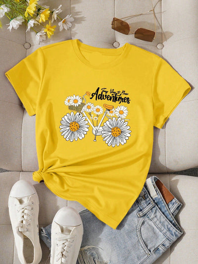 Chic Daisy Flower Letter Printed T-Shirt for Effortless Style