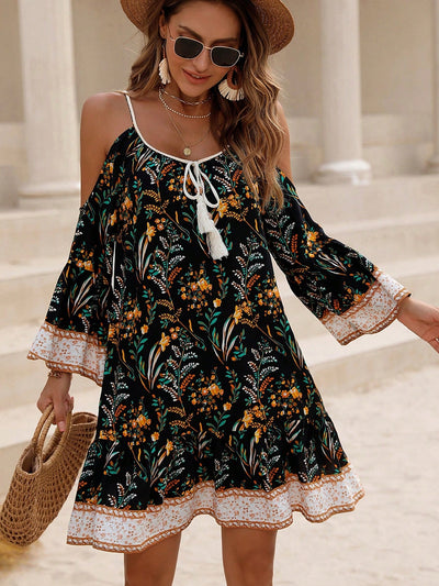 Chic Plant Pattern Open-Shoulder Casual Dress for Effortless Style