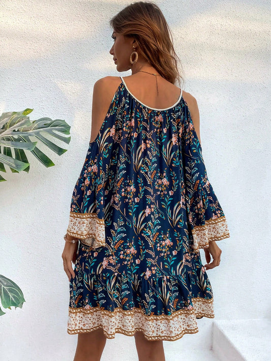 Chic Plant Pattern Open-Shoulder Casual Dress for Effortless Style