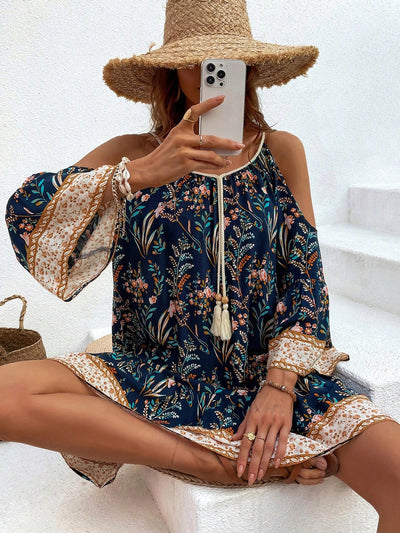 Chic Plant Pattern Open-Shoulder Casual Dress for Effortless Style