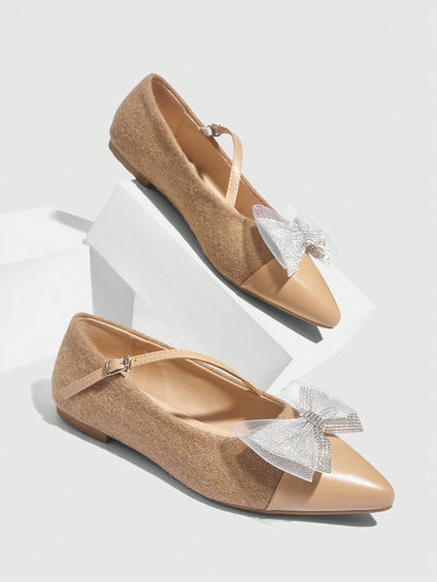 Chic & Cozy: Pointed Toe Apricot Bow Slip-On Flats for Everyday Elegance