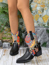 Western Charm: Women's Printed Patchwork Short Cowboy Boots with Thick High Heel