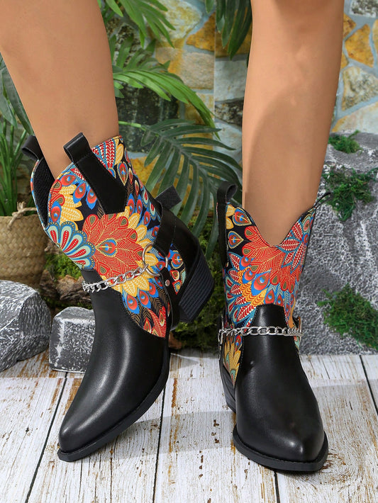 Western Charm: Women's Printed Patchwork Short Cowboy Boots with Thick High Heel