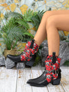 Western Charm: Women's Printed Patchwork Short Cowboy Boots with Thick High Heel