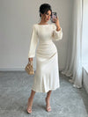 Elegant Autumn Pleated Lantern Sleeve Dress with Gathered Waist – Perfect Casual Style