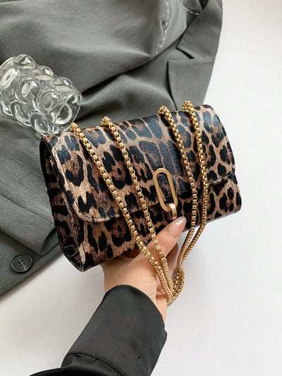 Trendy Retro Leopard Print Mini Square Shoulder Bag with Metal Double Chain