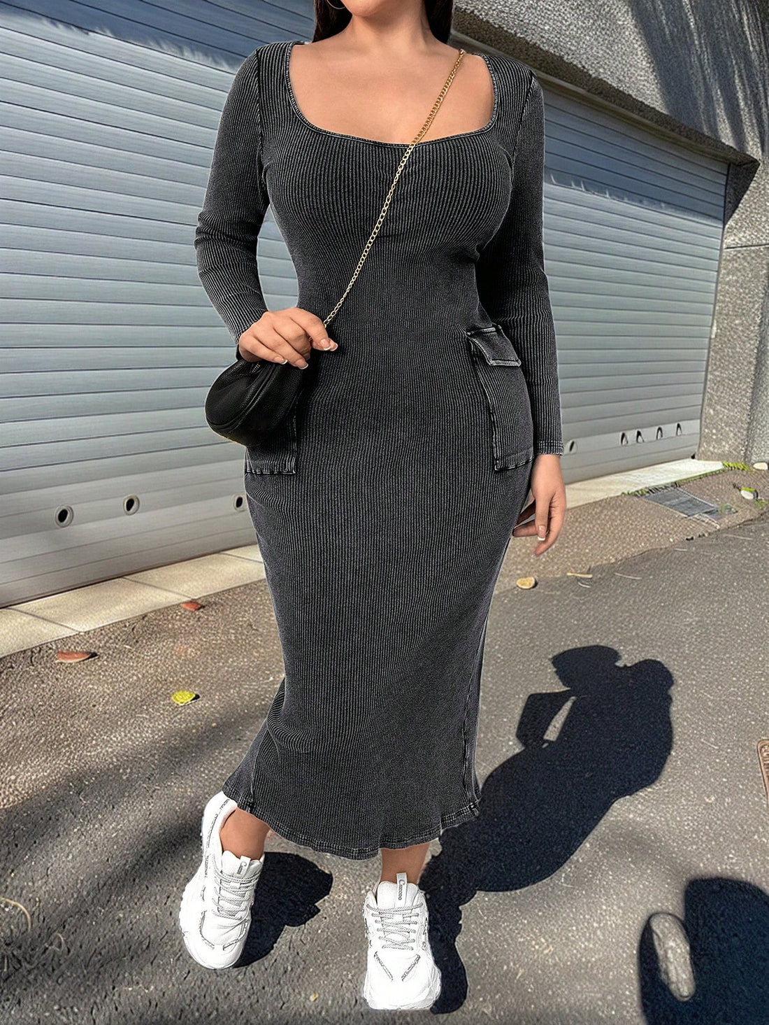 Get ready to turn heads with our Chic Plus Size Bodycon Dress! Featuring an open collar, distressed effect, and utility pockets, this dress is perfect for any occasion. Stand out from the crowd and feel confident and stylish in this unique dress.