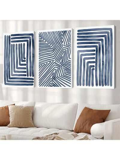 Elegant Navy Blue Stripe Canvas Art Set – Modern Décor for Bedroom, Living Room, and Hallway