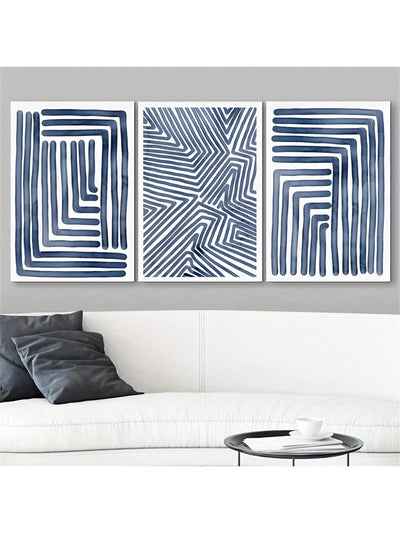 Elegant Navy Blue Stripe Canvas Art Set – Modern Décor for Bedroom, Living Room, and Hallway