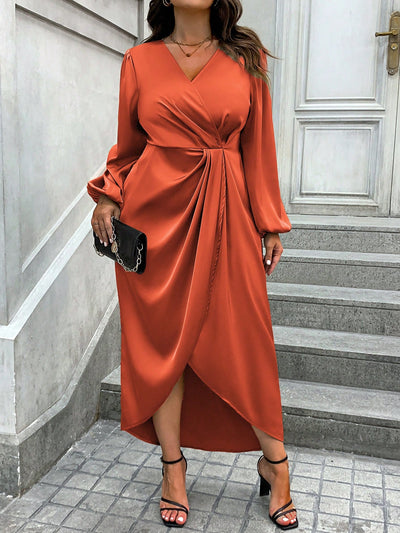 Elegant Plus Size V-Neck Lantern Sleeve Wrap Dress for Spring & Autumn