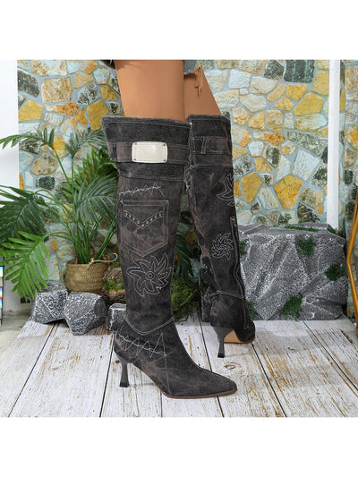 Women's Elegant Embroidered Silver Sequins Over-The-Knee Boots - Trendy and Sexy