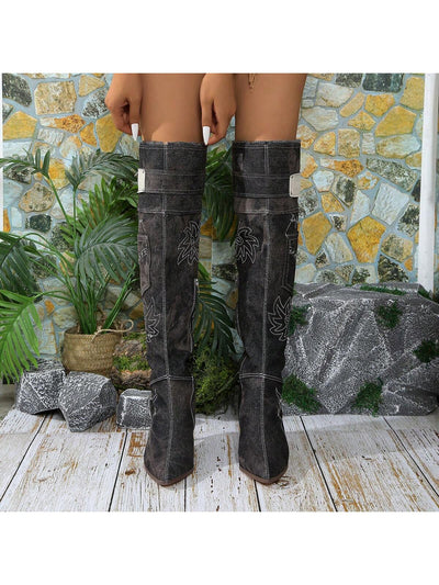 Women's Elegant Embroidered Silver Sequins Over-The-Knee Boots - Trendy and Sexy