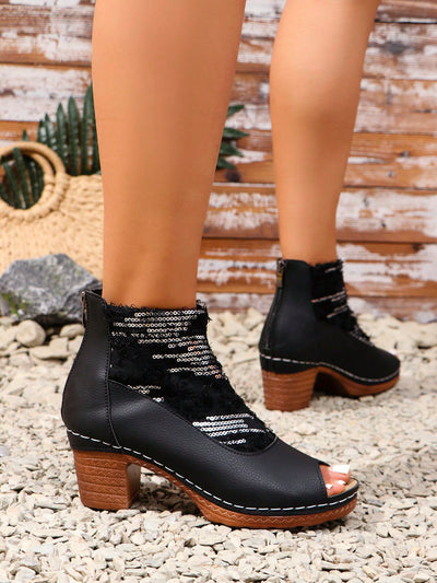 Stylish Sequin Patchwork Open Toe High Heel Boots in Black