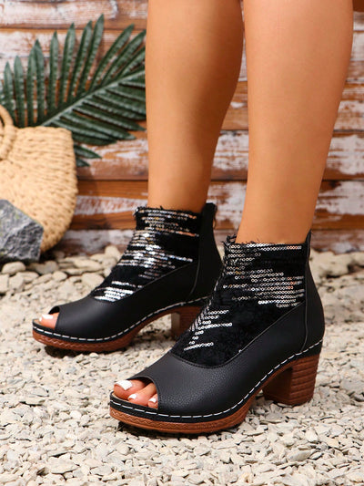 Stylish Sequin Patchwork Open Toe High Heel Boots in Black