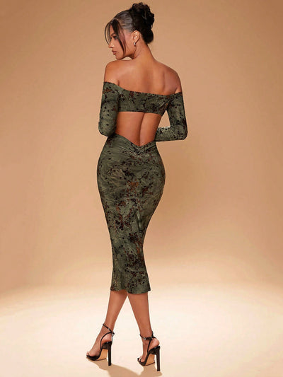 Elegant Vintage Print Backless Off-Shoulder Bodycon Dress