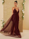 Elegant Plunge Neck Tulle Maxi Dress with Dual Slits – Haute Couture Style