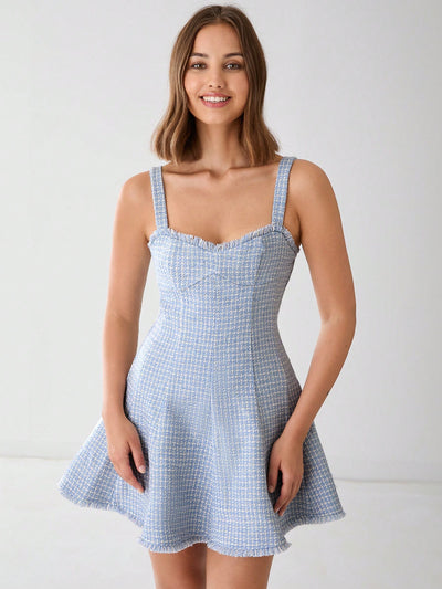 Chic Autumn Elegance: Light Blue Plaid Sleeveless Sweetheart Tweed Princess Dress