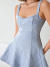 Chic Autumn Elegance: Light Blue Plaid Sleeveless Sweetheart Tweed Princess Dress