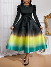 Chic Yellow Gradient Satin A-Line Dress with Elegant Long Sleeves