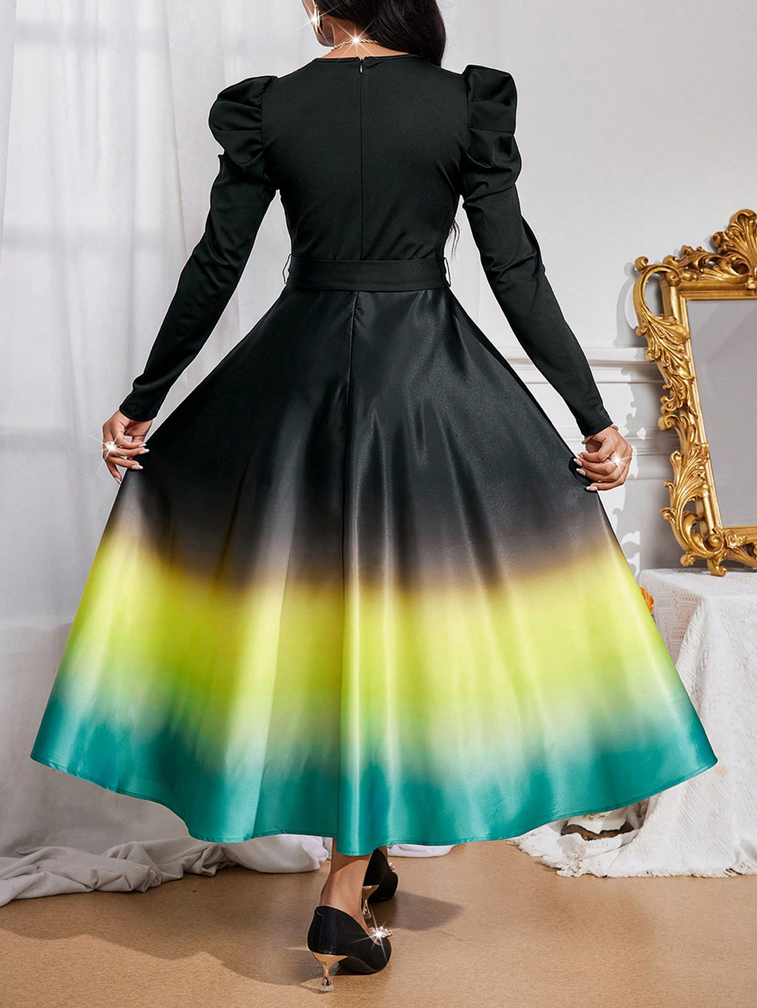 This chic yellow satin dress features a stunning gradient design and elegant long sleeves. The luxurious fabric and A-line cut provide a flattering fit, making it a versatile and sophisticated choice for any occasion. Elevate your style with this elegant piece.