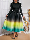 Chic Yellow Gradient Satin A-Line Dress with Elegant Long Sleeves