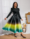 Chic Yellow Gradient Satin A-Line Dress with Elegant Long Sleeves