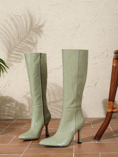 Mint Green Stone Pattern Knee High Boots: Versatile and Sexy