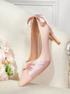 Elegant White Satin High Heel Pumps with Faux Pearl Button Bow Detail