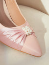 Elegant White Satin High Heel Pumps with Faux Pearl Button Bow Detail