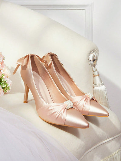 Elegant White Satin High Heel Pumps with Faux Pearl Button Bow Detail