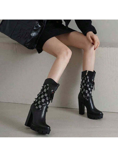 Vintage Black High Heel Riding Boots with Waterproof Platform