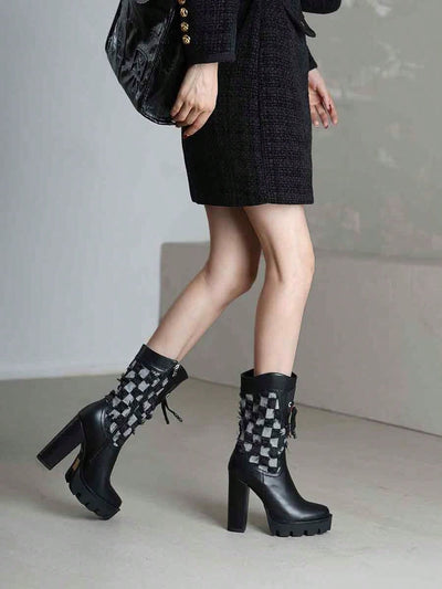 Vintage Black High Heel Riding Boots with Waterproof Platform