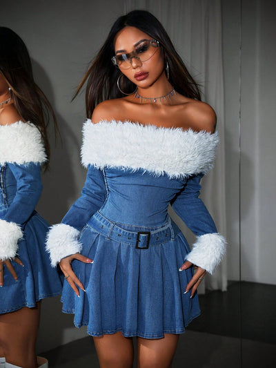 Chic One-Shoulder Denim Mini Dress with Raw Edges - Perfect for Fall Fashion