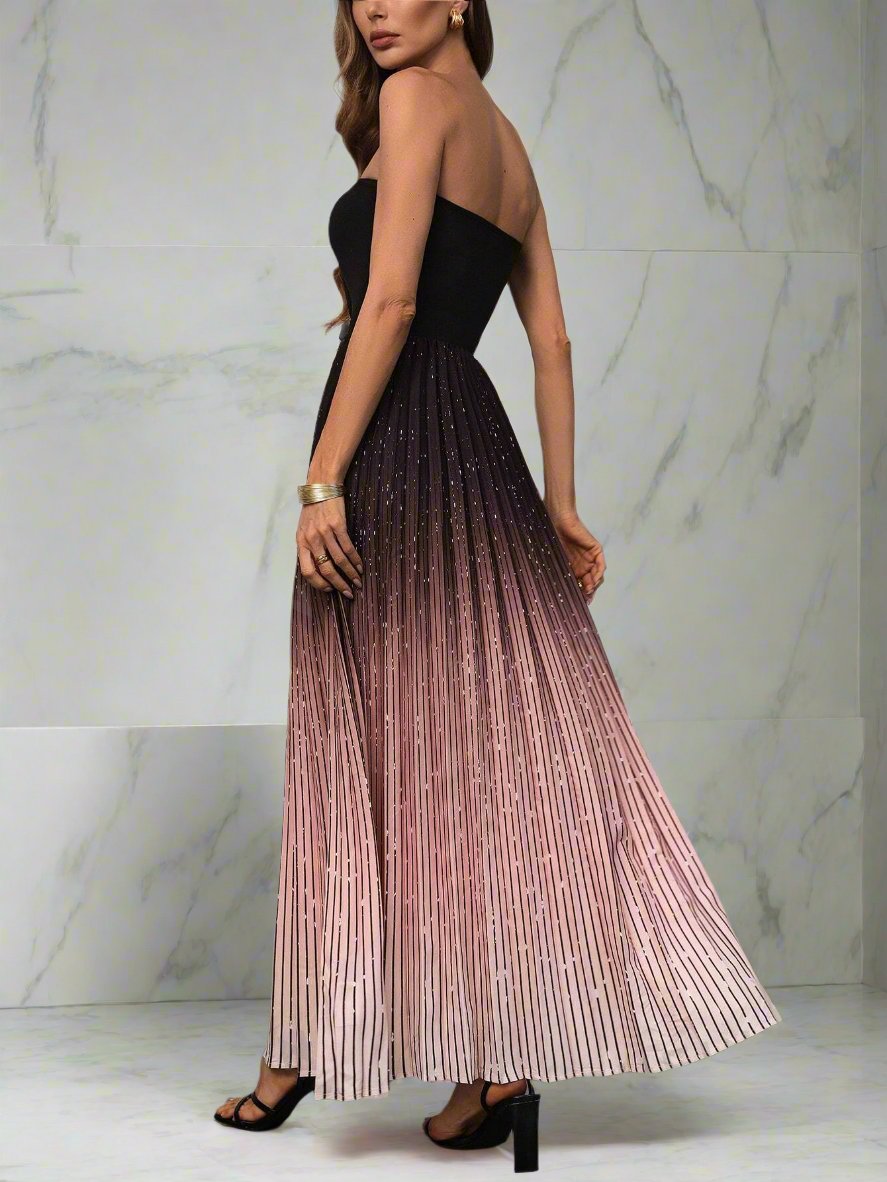 Elevate your summer wardrobe with our Summertime Chic: Women's Elegant Ombre Stripe Bandeau Dress. The bandeau design and ombre stripes create a sleek and elegant look, perfect for any occasion. Made with high-quality materials, this dress will keep you comfortable and stylish all season long.