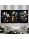 Elegant Black and Blue Floral Abstract Canvas Art - 3-Piece Set for Stylish Home Decor