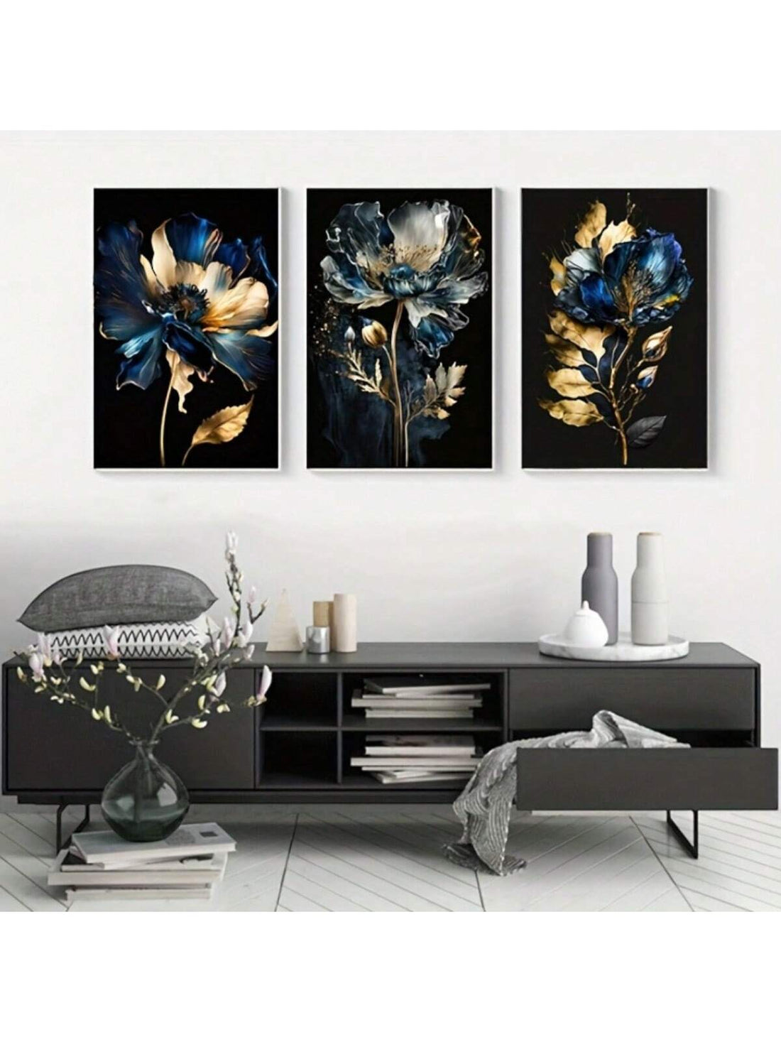 Transform your home into a stylish oasis with our Elegant Black and Blue Floral Abstract Canvas Art. This 3-piece set features a beautiful fusion of black and blue floral patterns, enhancing any room with a touch of elegance. Elevate your decor with this stunning statement piece.