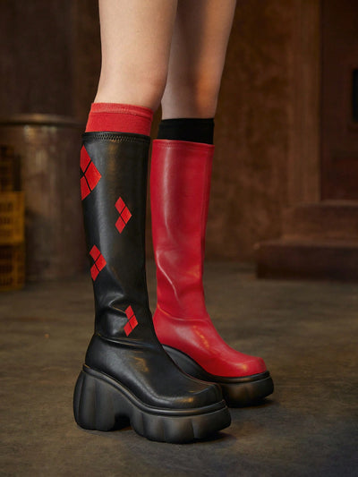 Black and Red Dual-Color Knee-High Boots: Stylish High-Stretch Fall Fashion