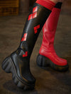 Black and Red Dual-Color Knee-High Boots: Stylish High-Stretch Fall Fashion