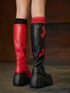 Black and Red Dual-Color Knee-High Boots: Stylish High-Stretch Fall Fashion