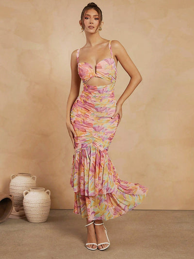 Elegant Haute Floral Ruched Mermaid Hem Dress with Chic Cutout Details