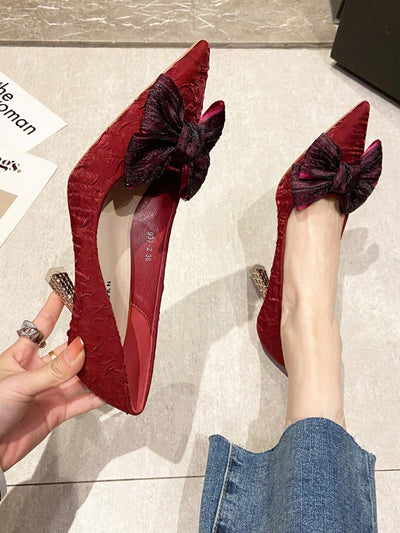 Satin Elegance: Bow-Detail Pointy Toe Stiletto Pumps for Women