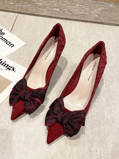 Satin Elegance: Bow-Detail Pointy Toe Stiletto Pumps for Women