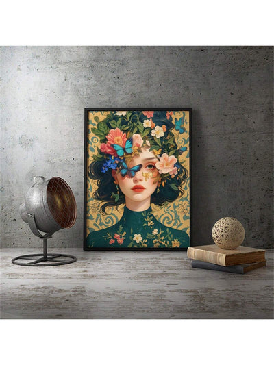 Charming Floral and Butterfly Woman Canvas Art: Vibrant Wall Décor for Any Space