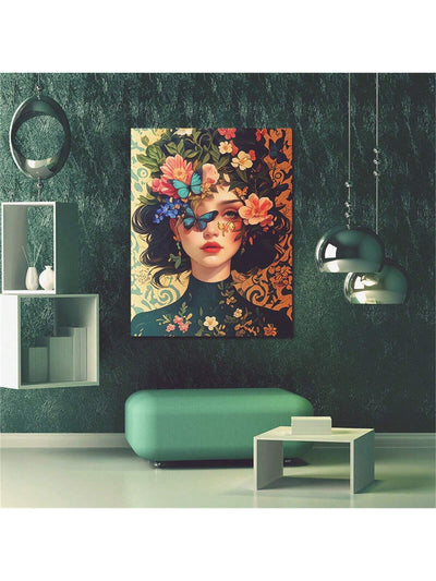 Charming Floral and Butterfly Woman Canvas Art: Vibrant Wall Décor for Any Space