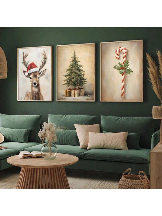 Charming Christmas Trio: Unframed Vintage Reindeer & Pine Tree Canvas Posters for Festive Home Decor