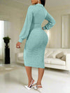 Chic and Stylish Women's Deep V-Neck Lantern Sleeve Ruched Dress with Pleated Hem