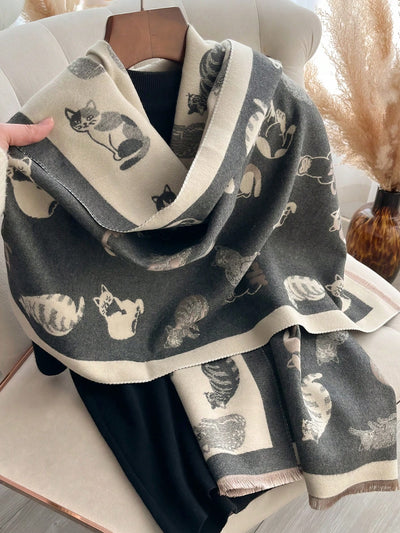 Charming Cat Jacquard Scarf: Cozy Faux Cashmere Accessory for Autumn/Winter