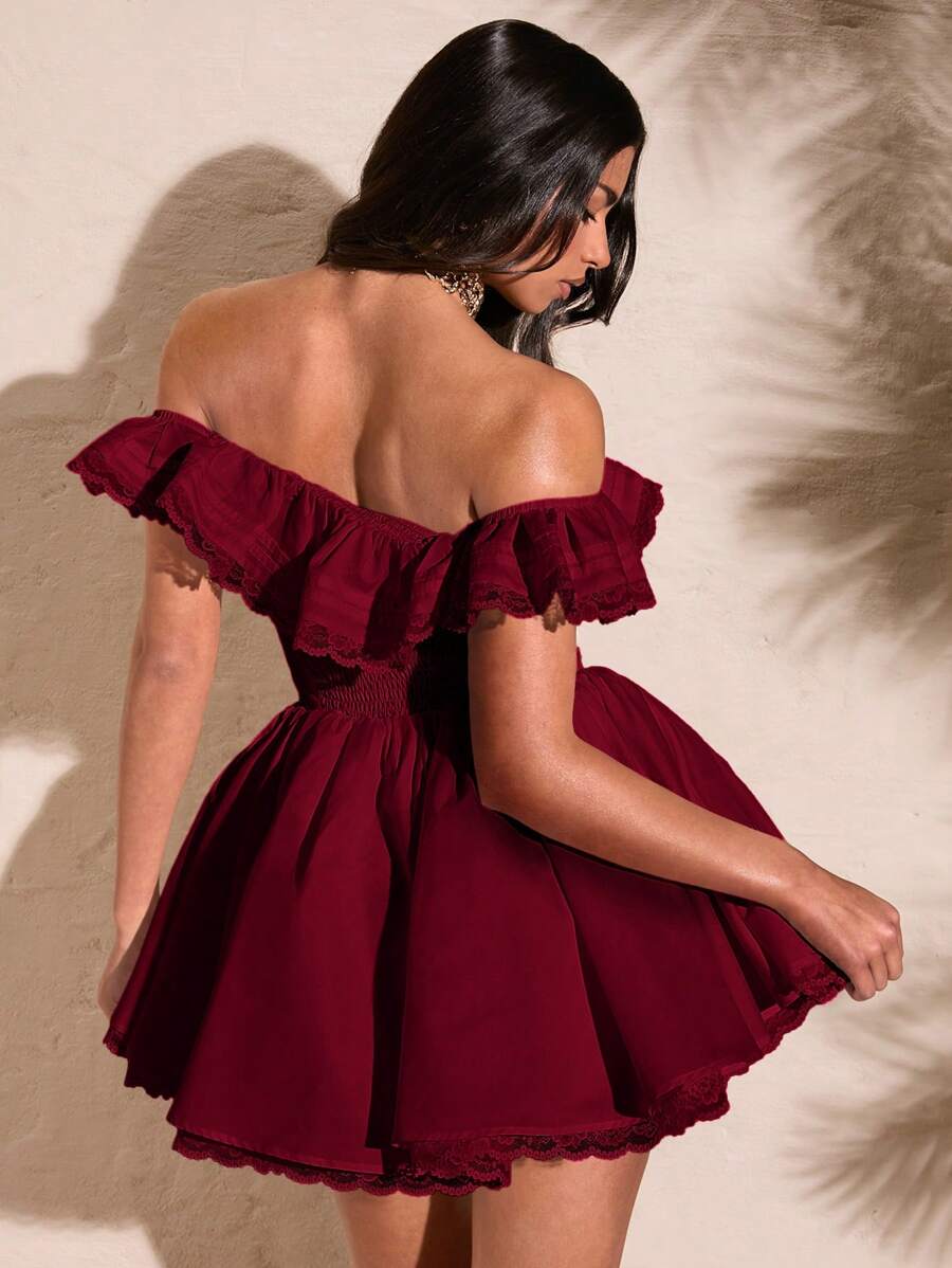 Shop a chic white off shoulder A line dress with lace trim and petal sleeves. Perfect for summer outings, brunch dates, and special occasions.