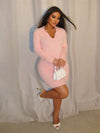 Chic & Cozy: Minimalist Faux Fur Knitted Long Sweater Dress in Pink