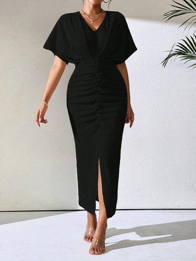 Chic Elegance: Women's Solid Color V-Neck Batwing Dress with Ruched Slit